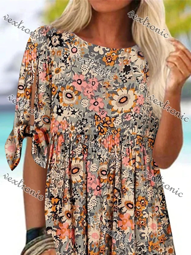 Women Half Sleeve V-neck Solid Color Dress