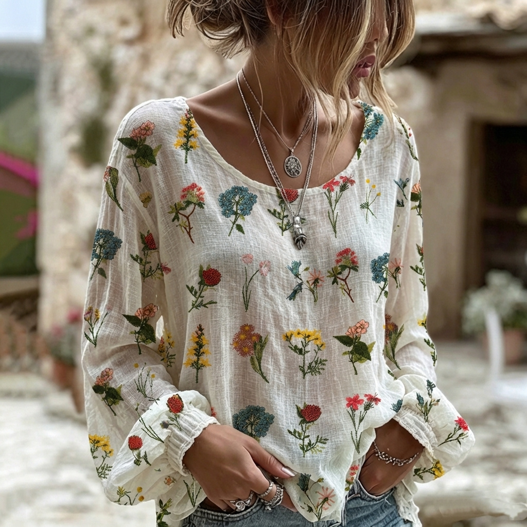 Comstylish Women's Vintage Floral Print Long Sleeve Linen Blend T-shirt