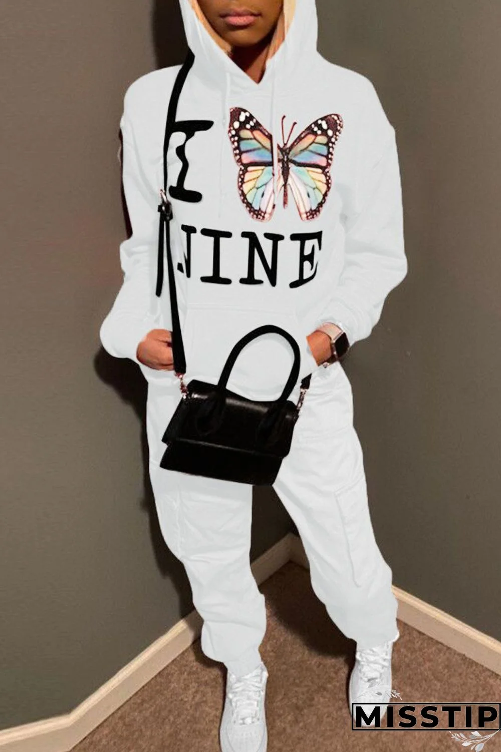 White Street Print Butterfly Print Hooded Collar Long Sleeve Regular Sleeve Regular Two Pieces