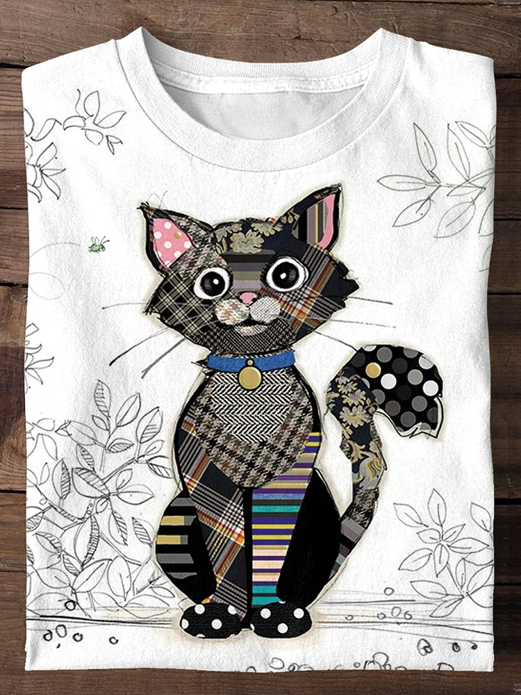 Casual Cute Cat Art Print T-shirt socialshop