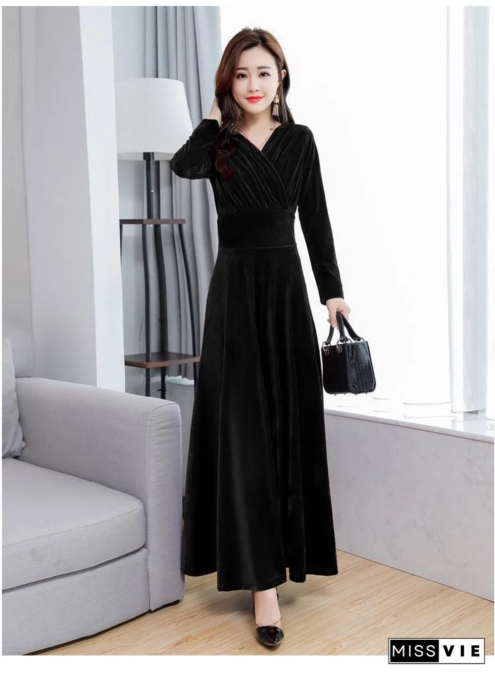 V Neck Plain Slim Defined Waist Velvet Dress