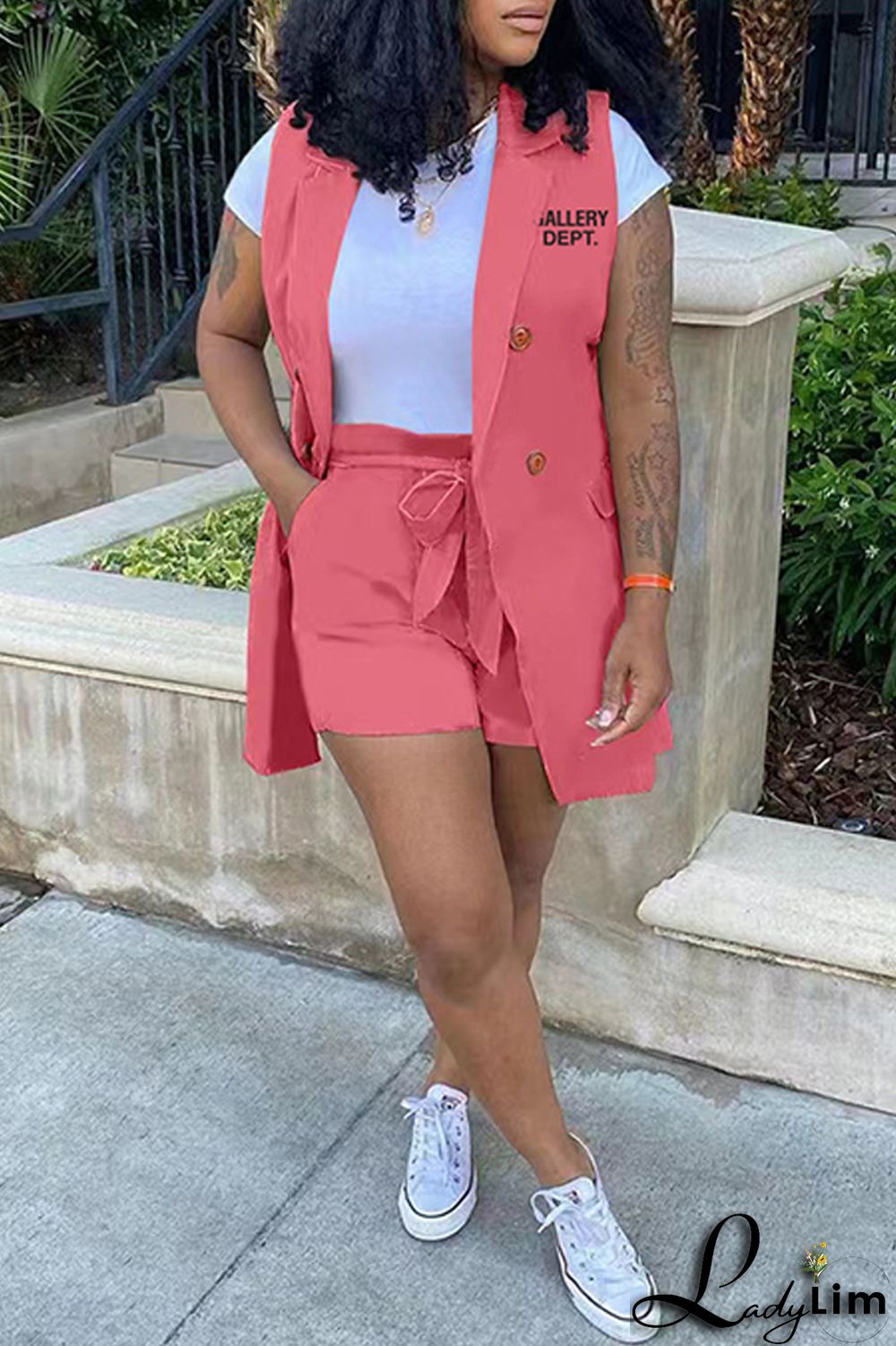 Pink Casual Letter Print Cardigan Turndown Collar Sleeveless Two Pieces (Without T-shirt)