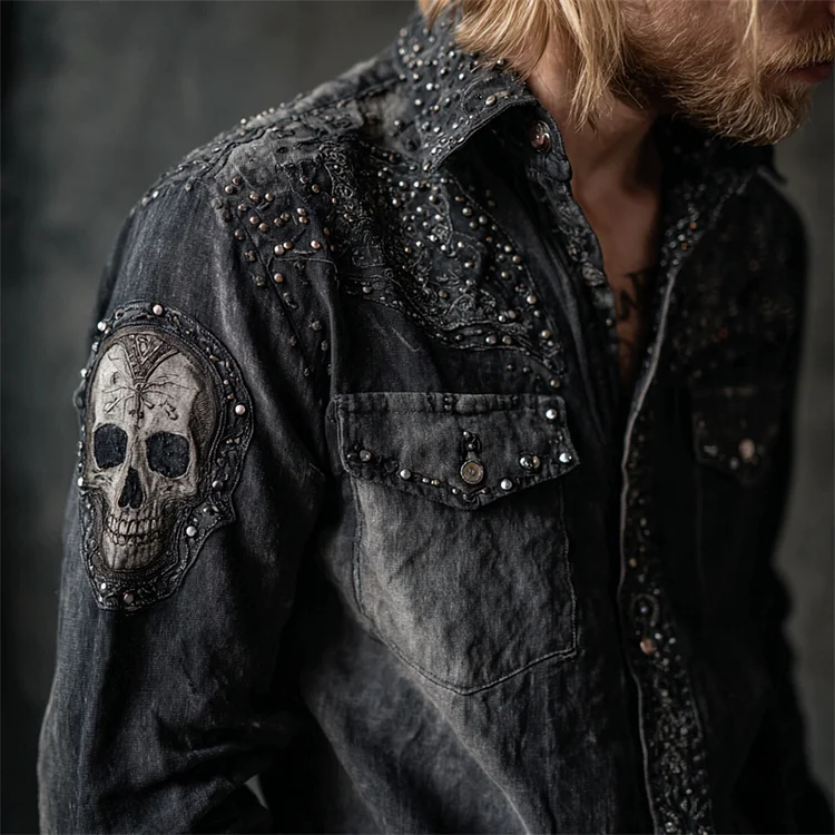 Men's Rock Skull Studded Washed Linen Shirt