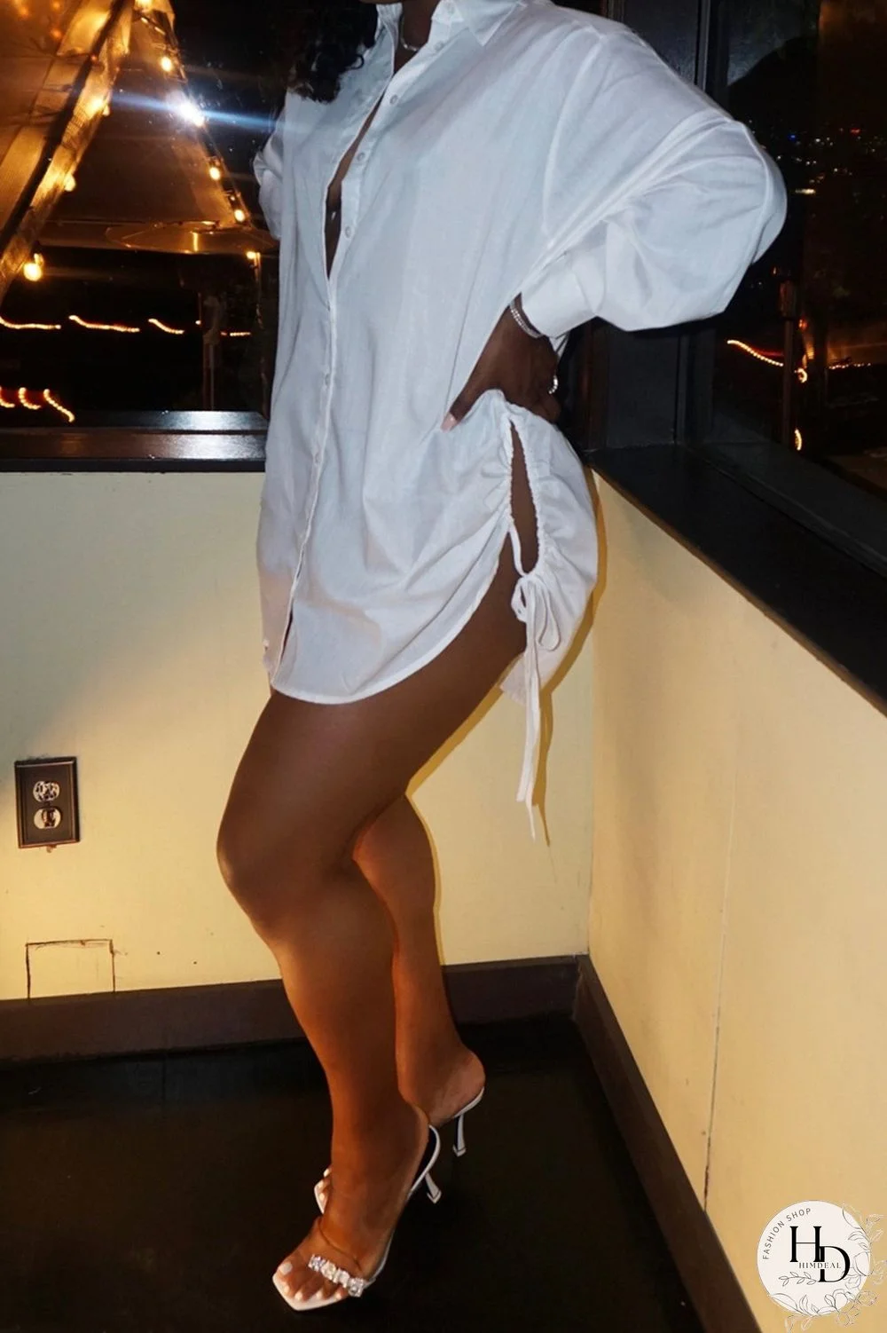 Yellow Fashion Casual Solid Bandage Hollowed Out Turndown Collar Shirt Dress