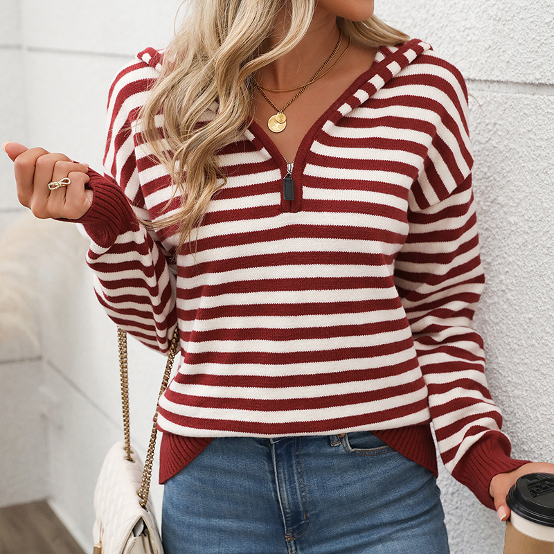 Mature Women Fashion V-neck Striped Pullover Sweater