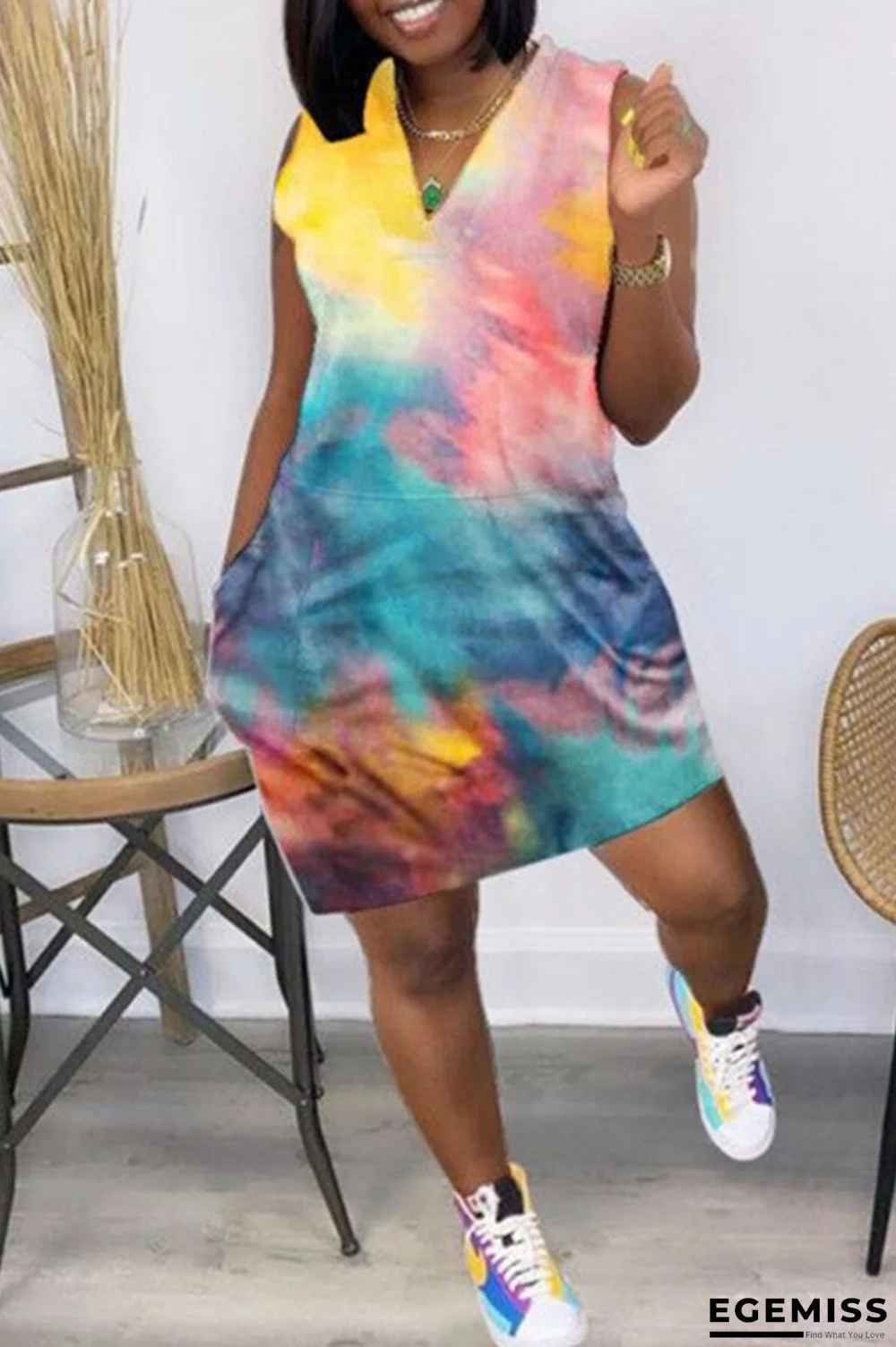 Green Sexy Casual Tie Dye Printing V Neck Sleeveless Dress | EGEMISS