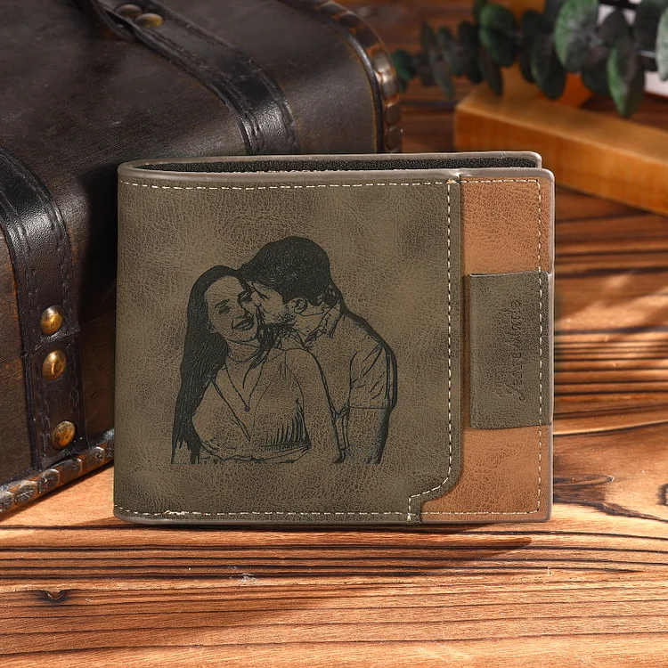 Personalized Name Leather Men's Wallet With Card Slot Engraved Letter And Photo Gift For Dad