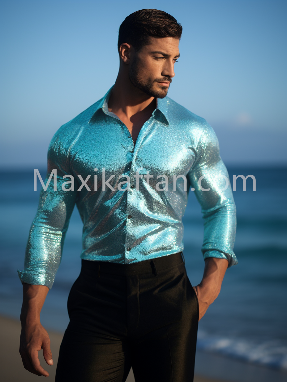 Men's Blue Long Sleeve Party Shirt