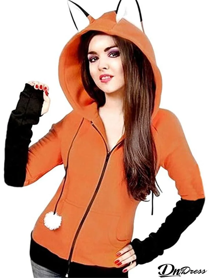 Adorable Fox Ear Drawstring Hooded Full Zipper Sweatshirt