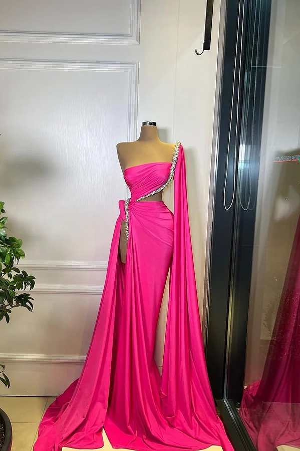 Daisda Fuchsia Sleeveless Strapless Mermaid Beads Prom Dress