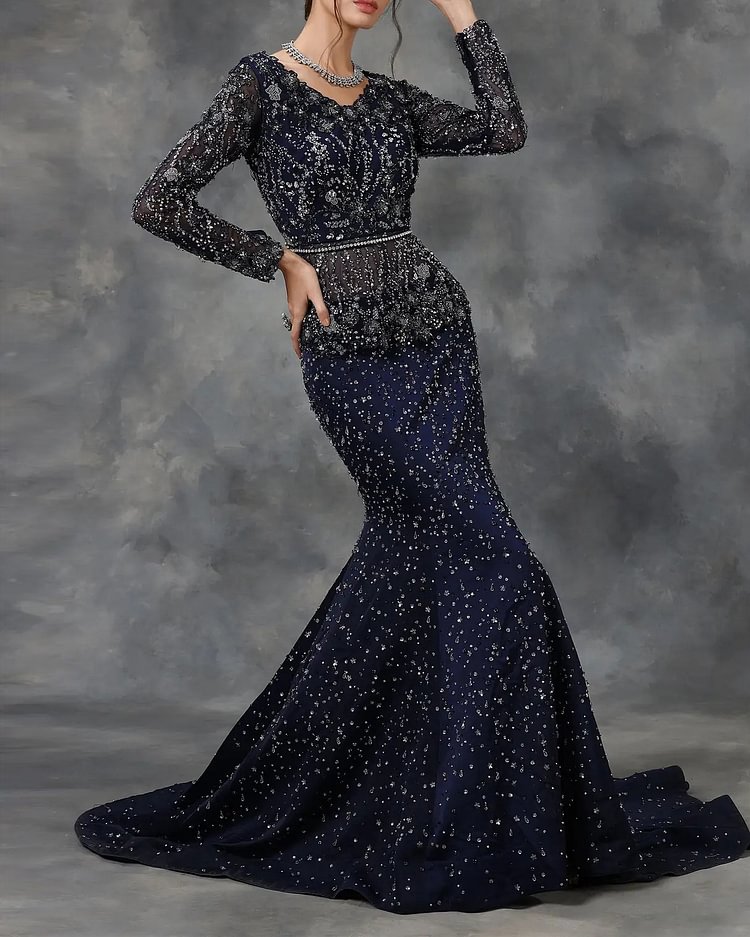 Women's Navy Blue Embroidered Mermaid Style Dress 