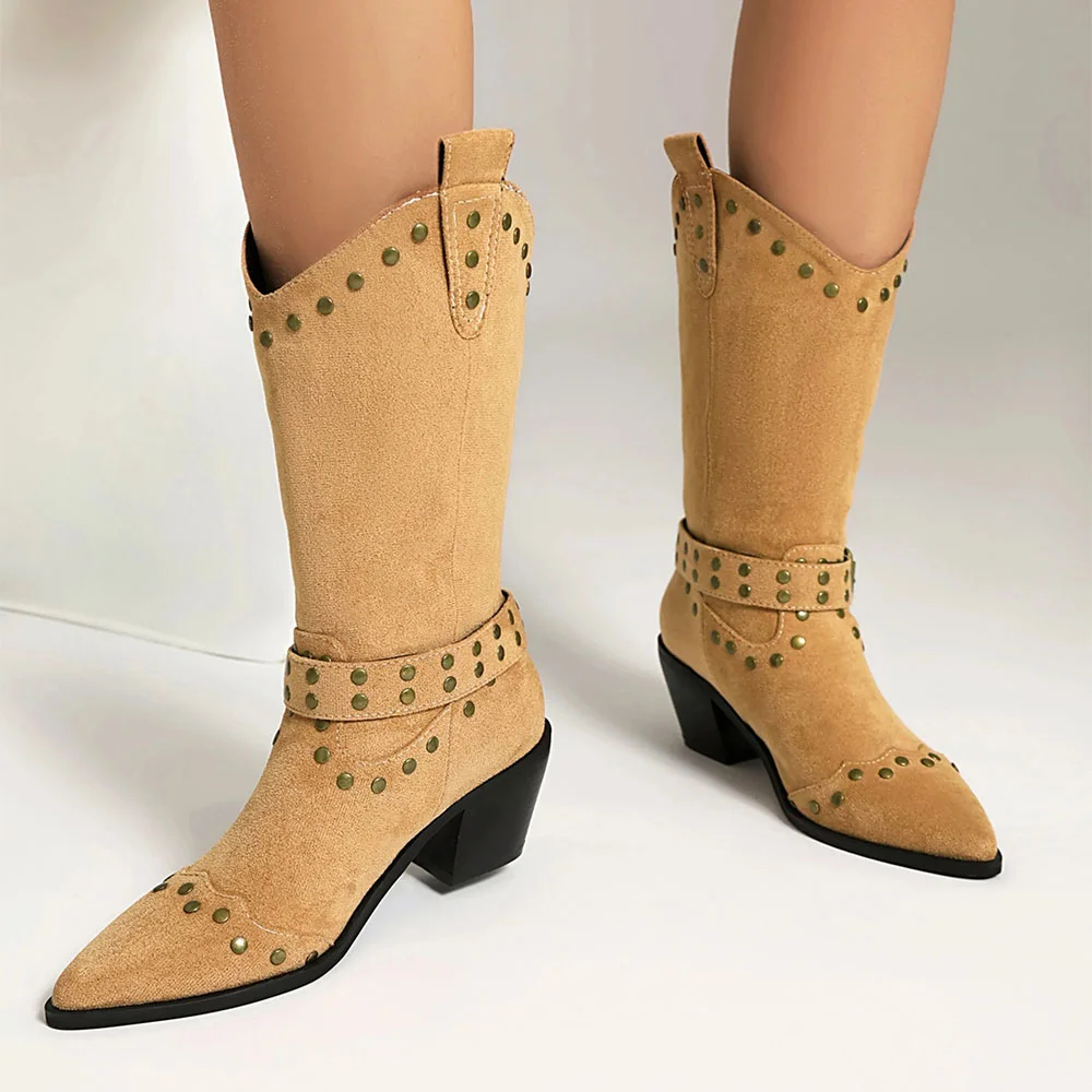 Tan Mid Block Heel Studded Pointed Toe Western Boots for Women