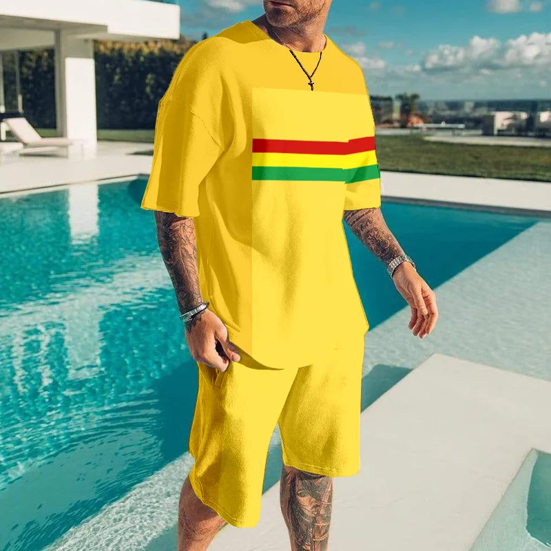 Trendy Yellow Reggae Stripes Print T-Shirt  And Shorts Co-Ord