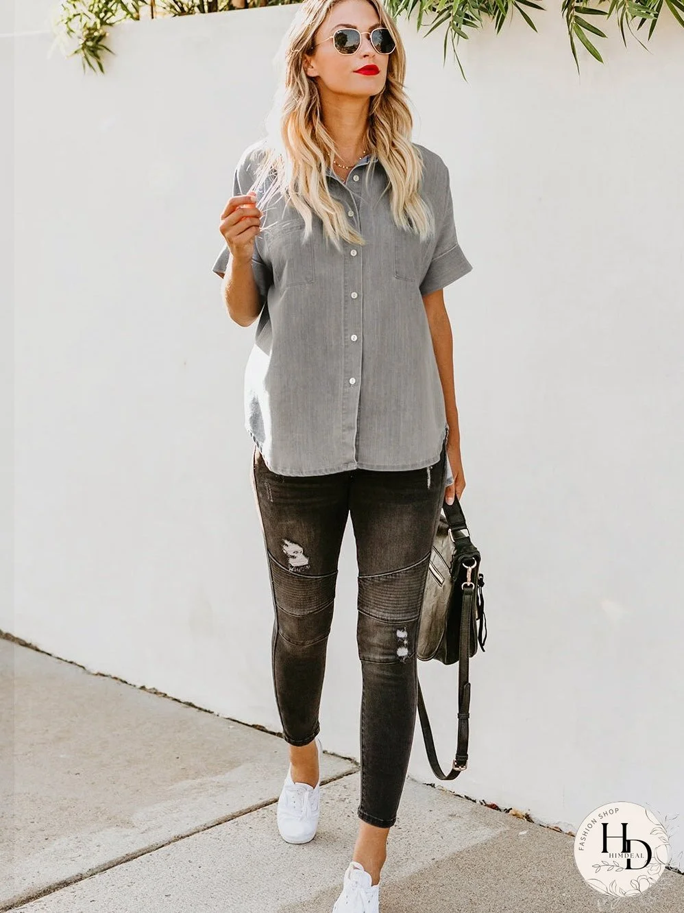 Chic Boyfriend Style Denim Shirt with Short Sleeves