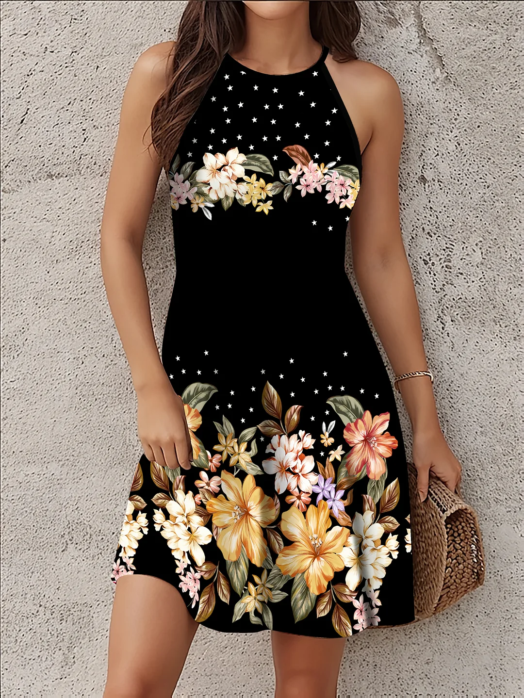 Elegant Women's Floral Print Sleeveless Dress - Round Neck, Black With Colorful Flowers And Butterflies, Knee-Length, Perfect For All Season | IFYHOME