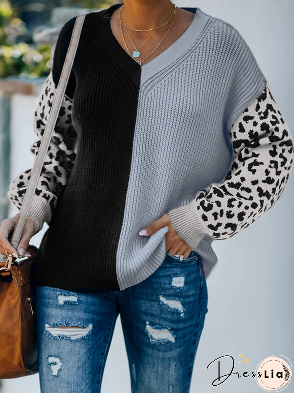 Leopard Color Block V Neck Casual Sweater