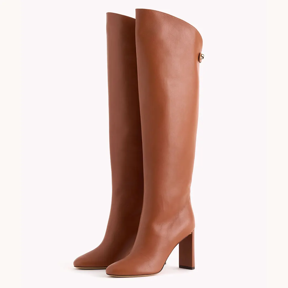 Women's Closed Toe High Heel Classic Brown Long Boots with Button