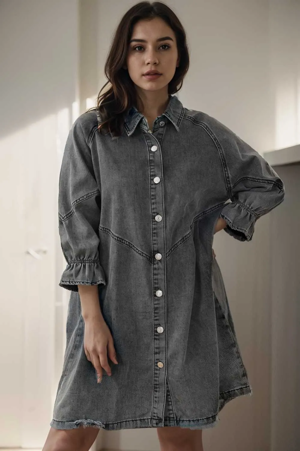 chic gray denim mini dress with button detail