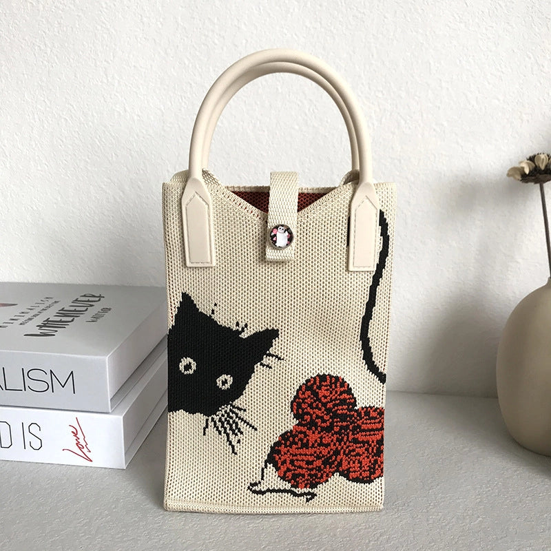 Niche Design Cute Cat Mini Knitted Phone Bag Women’s Portable Knitted Shoulder Crossbody Bag Small Square Bag