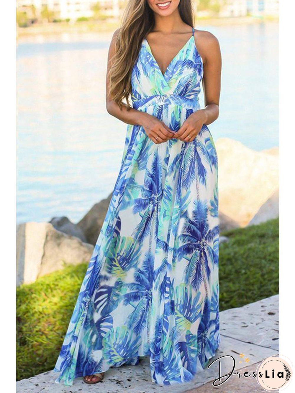 Beach Sling Leak Back Flower Print Maxi Dress P10165