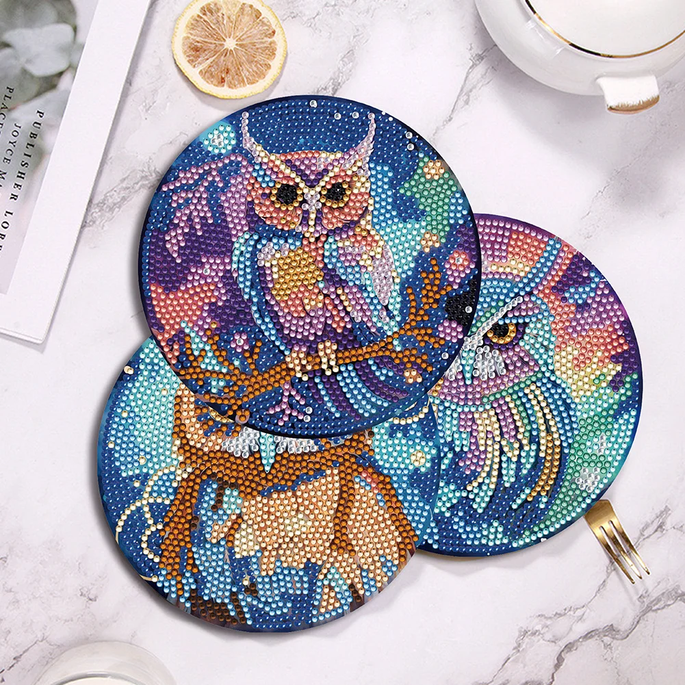 4pcs DIY Owl Wooden Diamond Painted Placemats for Dining Table Decor(15*15cm)