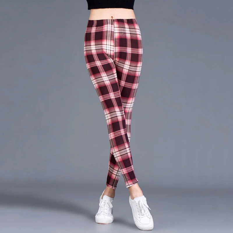 CUHAKCI Female Fitness Leggings Women Print Plaid Leggings Lady Sexy Slim Pencil Pants Push Up Elastic Waist Trousers