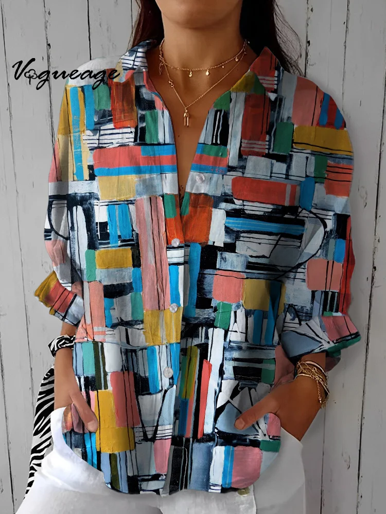 Fashion Color Line Segment Splicing Printed Cotton And Linen Shirt