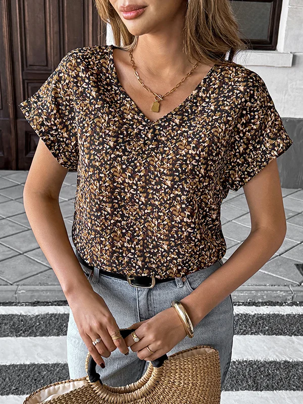 Contrast Color Loose Short Sleeves V-Neck Blouses&Shirts Tops