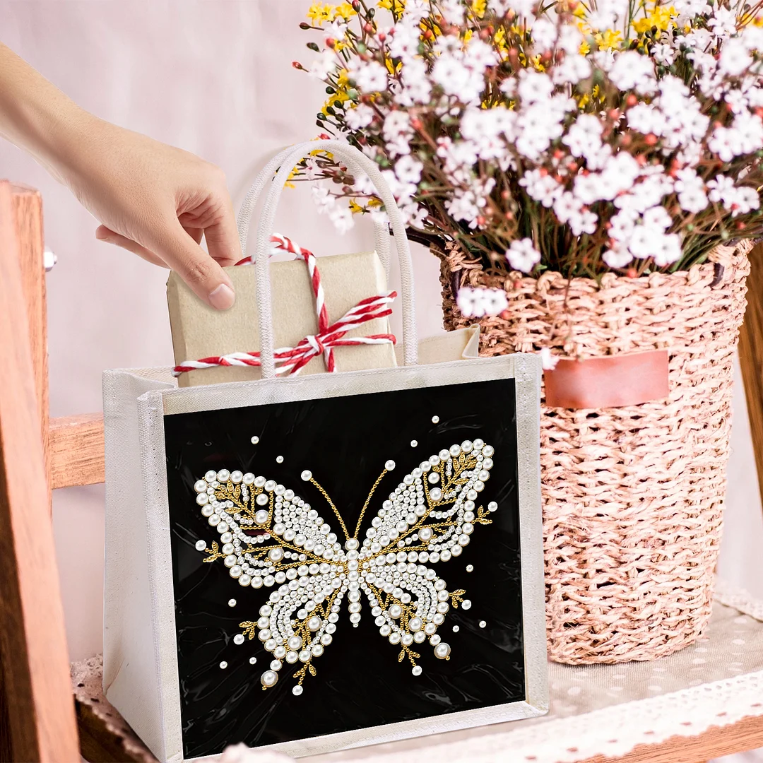 Pearl Butterfly DIY Diamond Painting Shopping Bag Crystal Painting Linen Tote Bags Waterproof Multi-Pocket Diamond Tote Handbag Large Capacity for Adults Beginners
