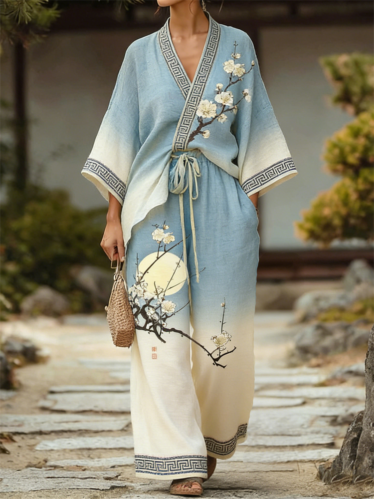 Full Moon Plum Blossom Japanese Art Gradient Kimono & Pants Linen Set wearshes