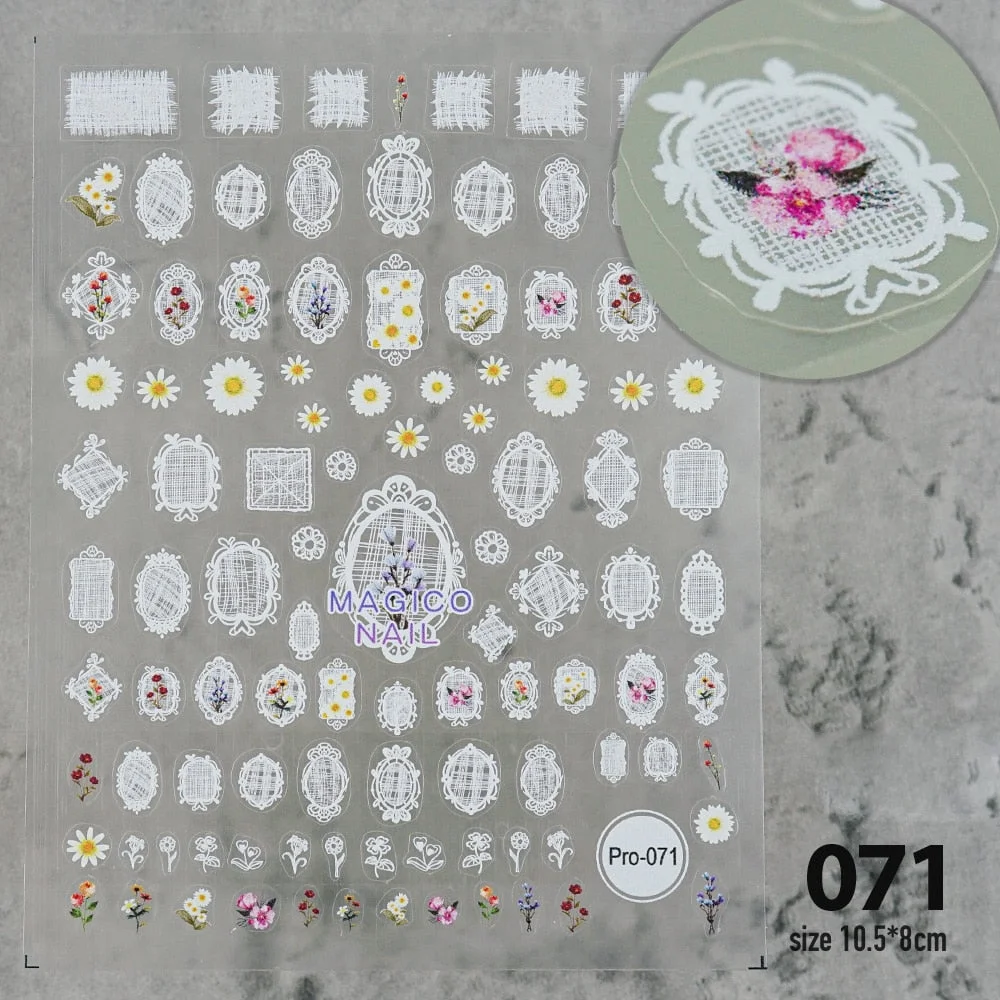 [Beautizon] 3D Engraved Nail Art Stickers Baroque Design Frame style white Leaf Flower high quality Sticker Empaistic Nail