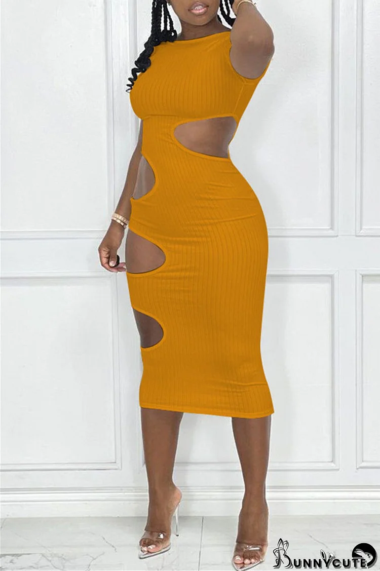 Yellow Fashion Casual Solid Hollowed Out O Neck Short Sleeve Dress