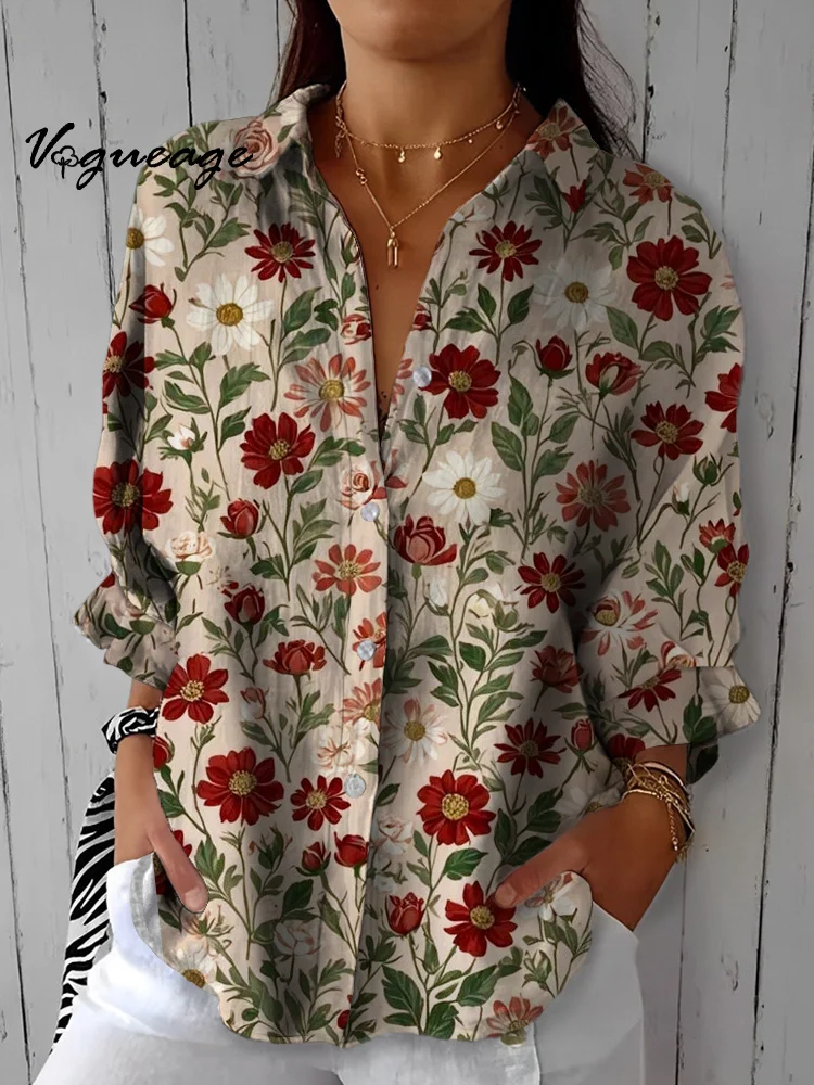 Soft Gentle Elegant Vivid Flowers Printed Cotton And Linen Shirt