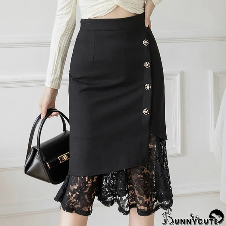 High Waist Lace Stitching Button Front Skirt