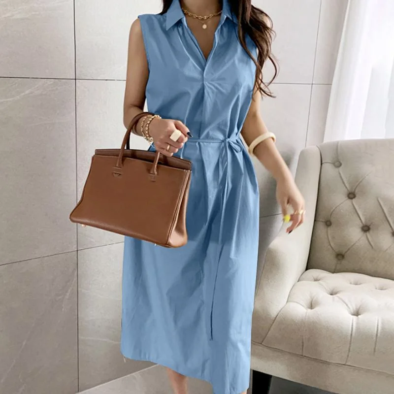 2022 ZANZEA Elegant Women Lapel Neck Shirt Dress Summer Sleeveless Sundress Casual Office Work Solid Vestido Sarafans 7