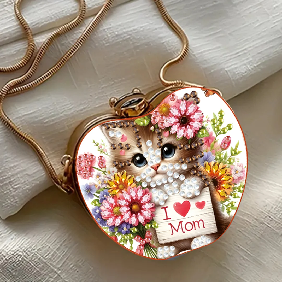 Cats and Flowers DIY Acrylic Love Diamond Art Painting Card Case Wallet with Chain Small Diamond Painting Crossbody Bag for Adults Women Girls Gift