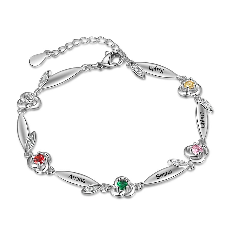 Pulsera Rosa 4 Nombres Personalizados con 4 Piedras de Nacimiento