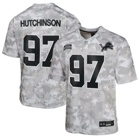 Youth Detroit Lions #97 Aidan Hutchinson  Arctic Camo 2024 Salute to Service Game Jersey