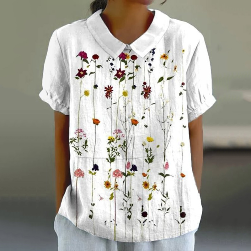 Comstylish Casual Floral Print Cotton And Linen  Short Sleeve Tops
