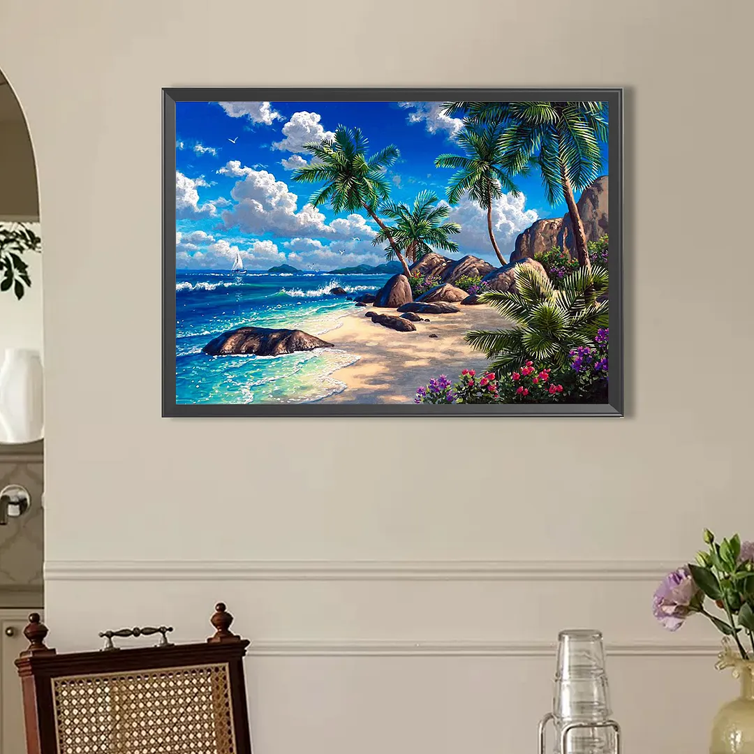 Beach Full DIY 5D Round Drill Diamond Painting Kits for Adults/Beginners Gift Idea Home Wall Decor Diamond Dots Paintings Picture Arts Craft 50x40cm