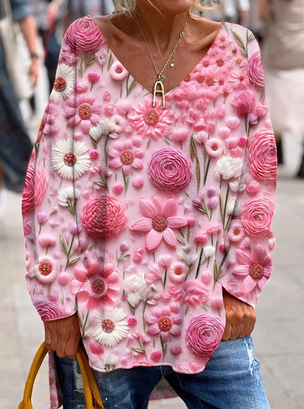 Casual Pink Daisy Floral Print Long Sleeve V-neck Loose Top