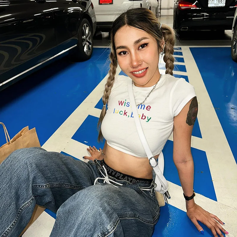 Uveng 2024 Trendy T-Shirt Base Collar Letter Print Hottie Umbilical Short Top
