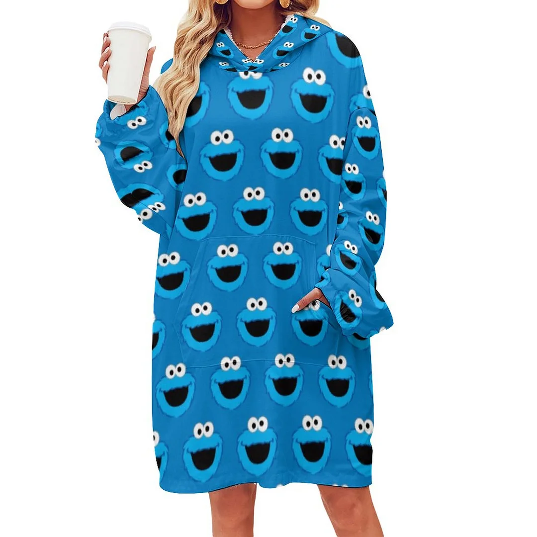 Smiling Cookie Monster Oversized Sherpa Fleece Sweatshirt Blanket Hoodie Warm Cozy Wearable Tops with Pocket