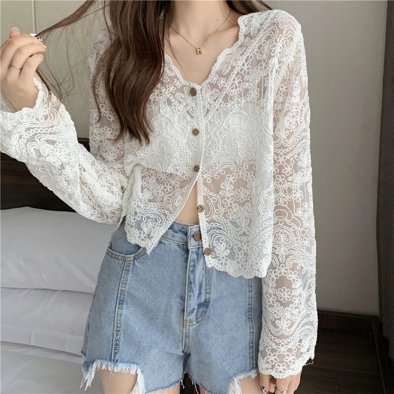 Korean Mesh Hollow Out Shirt Women Lace Sunscreen Summer Loose Sweet Cardigan Single-Breasted Chic Pretty Style Blouses Aiertu