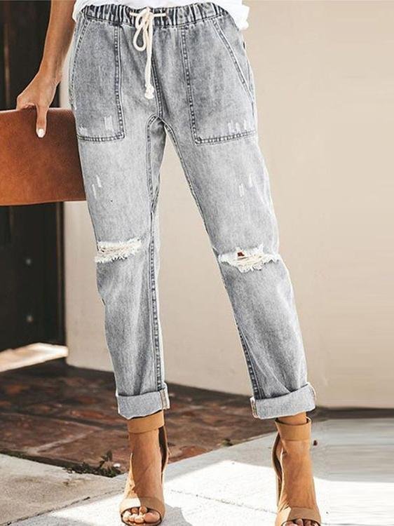 Fashion Casual Street Hipster Straight Leg Ripped Trousers Jeans