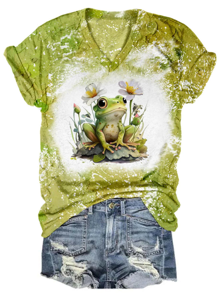 Flower Frog Summer Tie Dye V Neck T-Shirt