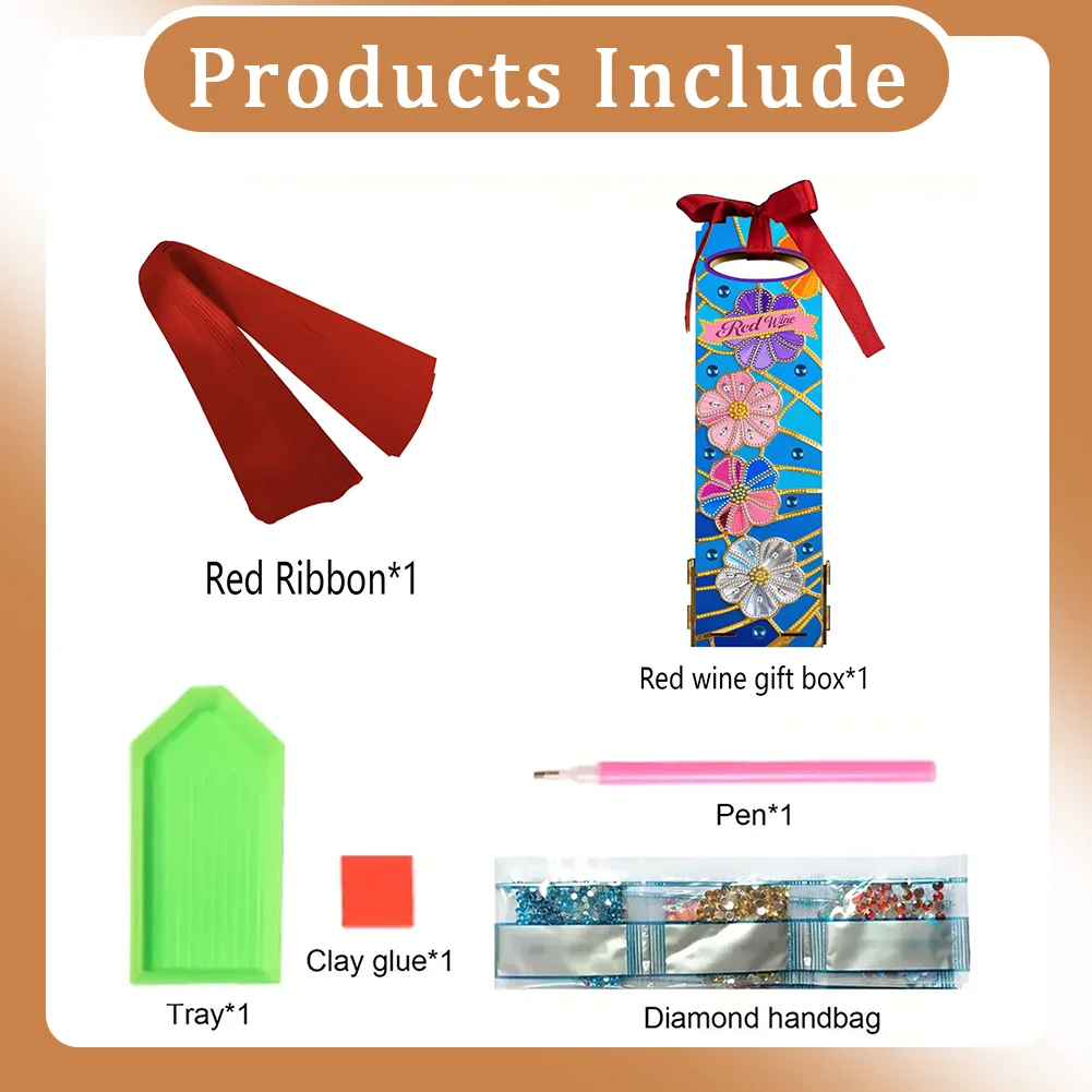 Wooden 5D/DIY Diamond Painting Art Wine Bag Kit for Party Wine Decor (Flowers)