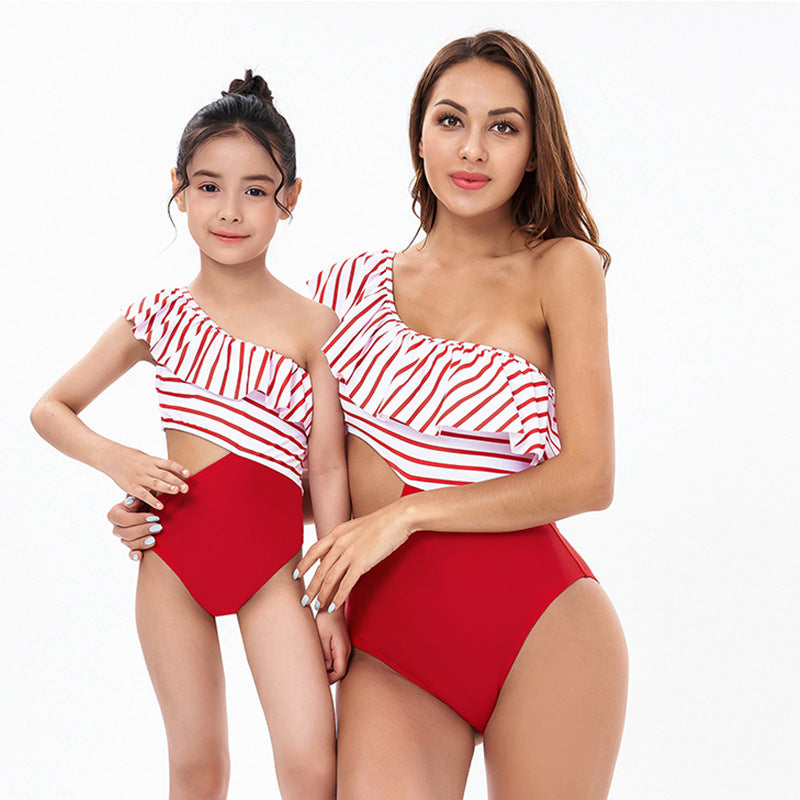 Red Striped Print Ruffle One-piece Swimsuits for Mommy and Me