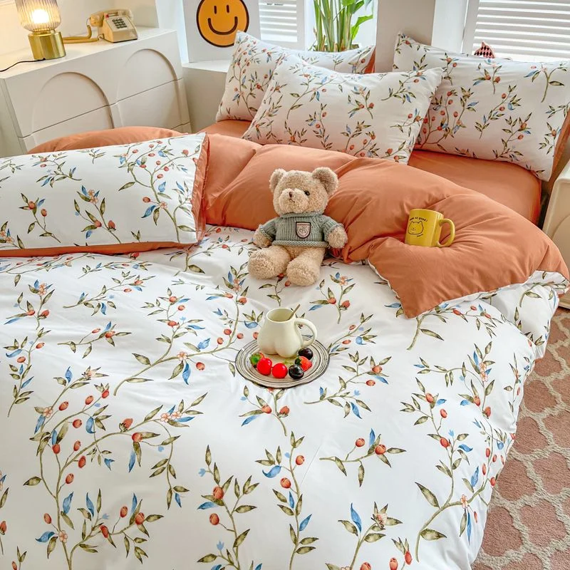 Aonga Ins Style Bedding Set Floral Hot Sale Single Full Queen Size Duvet Cover Kit No Filling Flat Sheet Pillowcases Cute Bed Linen aonga