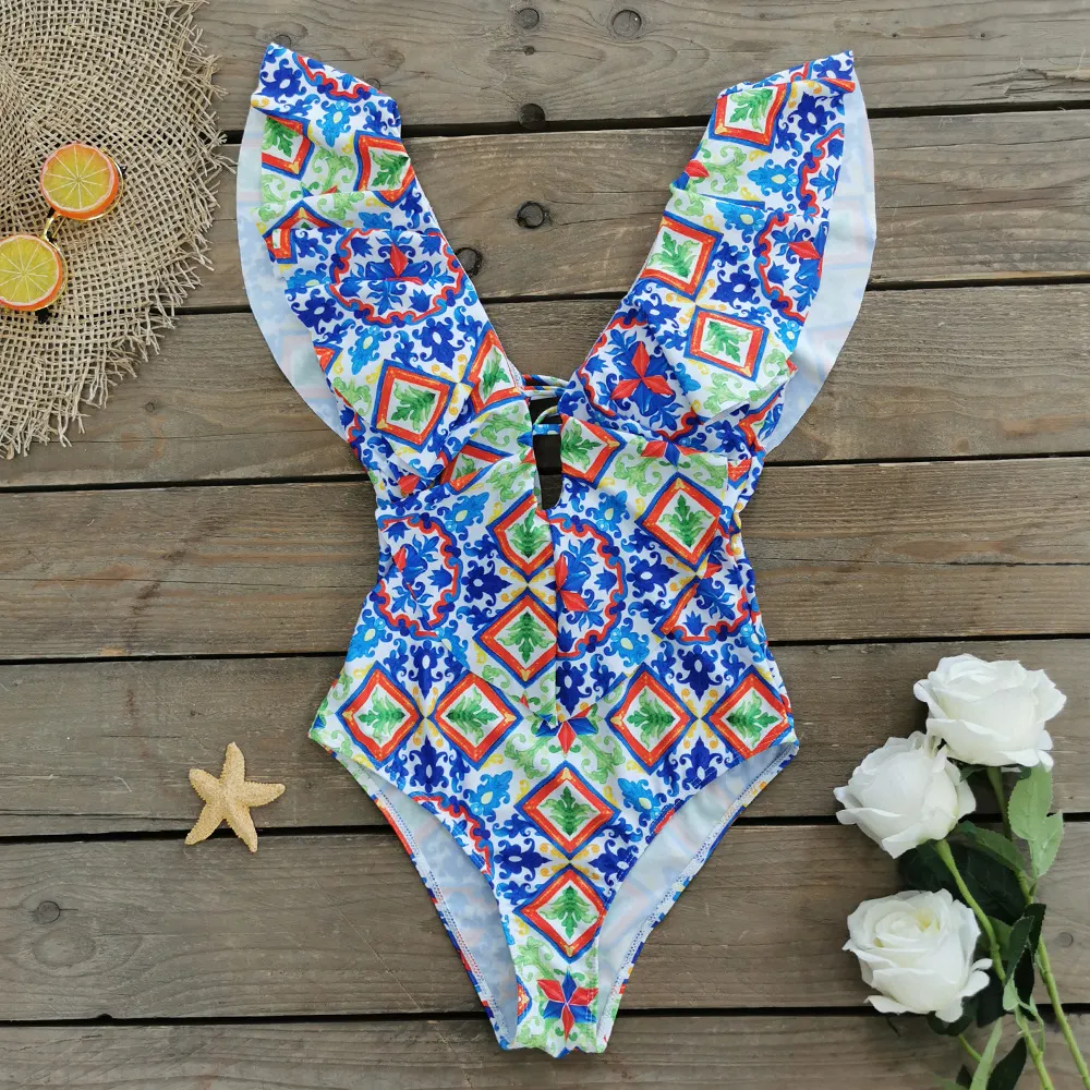 Brownm Printed Flowers Even Lotus Leaf Side Body Swimsuit Women 2025 New Swimsuit Bare Back